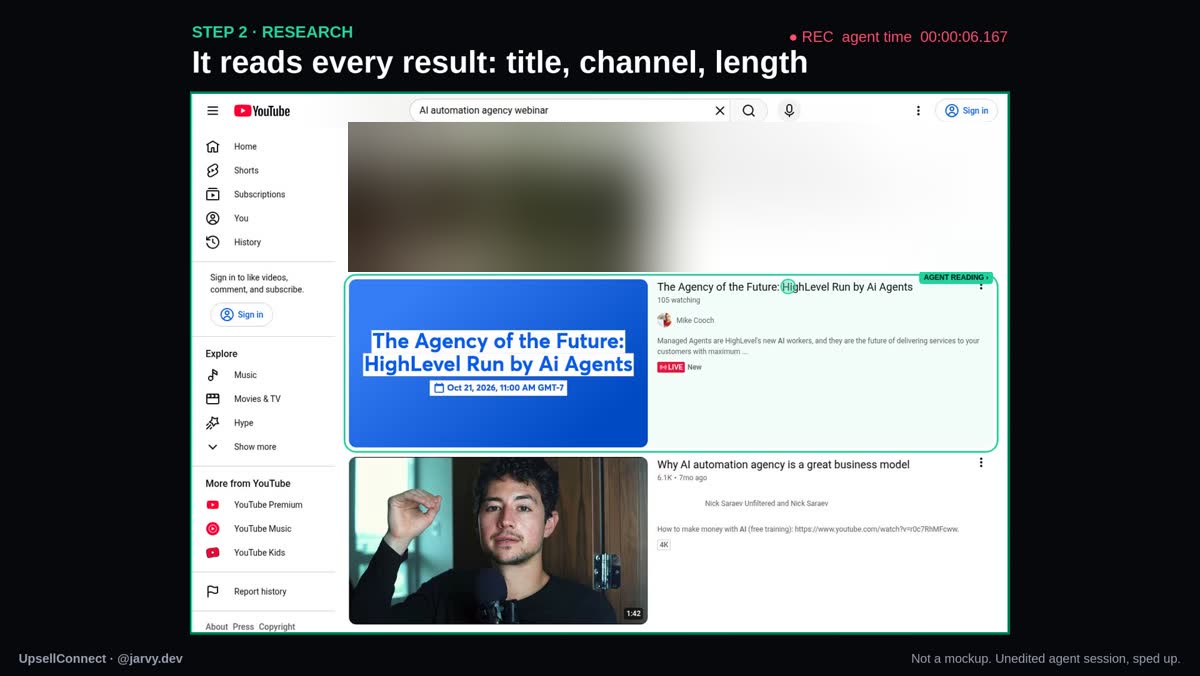Screen recording of an AI agent searching YouTube and reading each result: title, channel and length