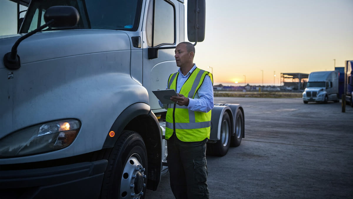 A fleet manager in a hi-vis vest checks a truck with a tablet at dawn