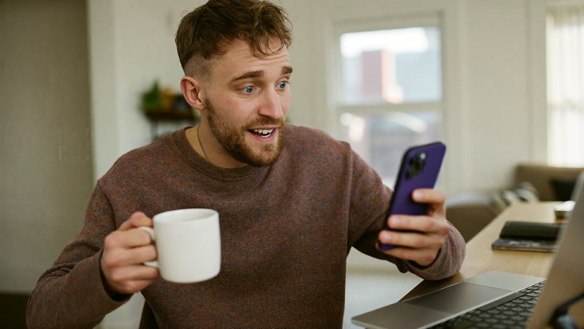 A freelancer with a coffee reacts to a notification on his phone at the kitchen table