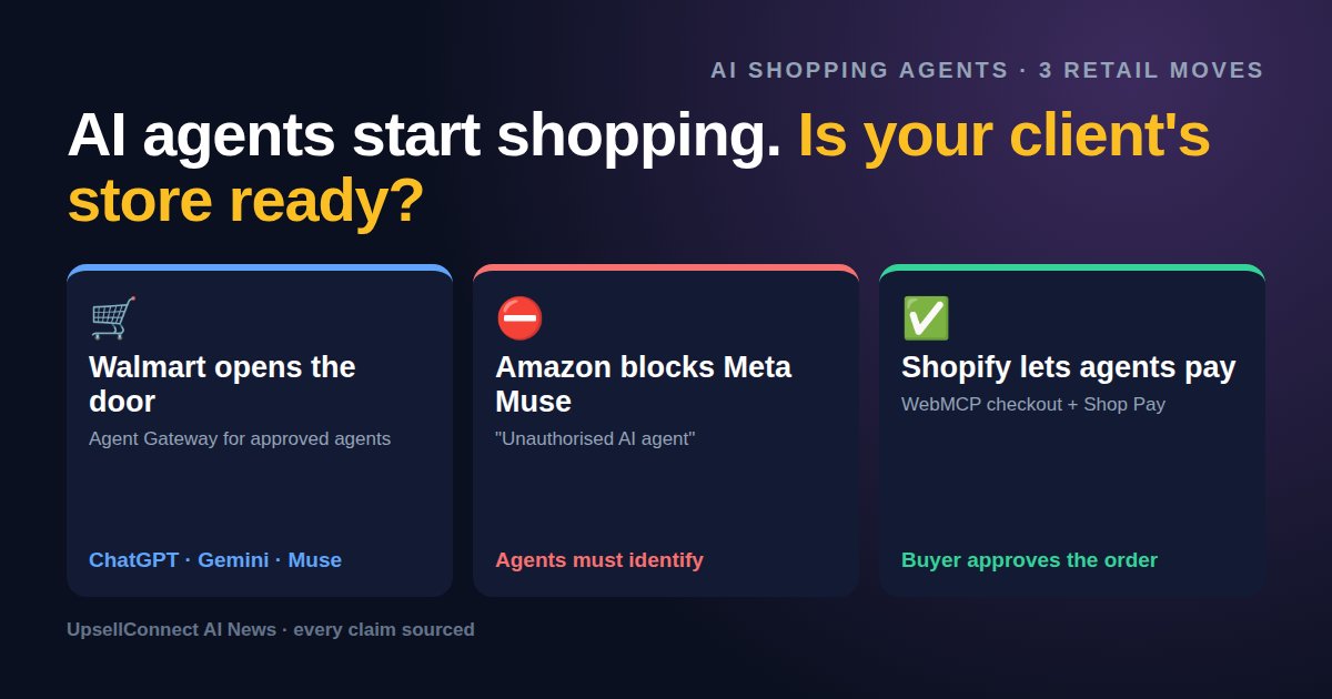 Cover: AI agents start shopping, with Walmart opening the door, Amazon blocking Meta Muse and Shopify letting agents pay